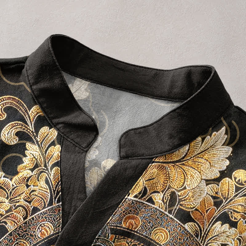 Buddha Stones Camisa de manga corta con medio botón para hombre, de algodón dorado con estampado floral de Buda. - image 2