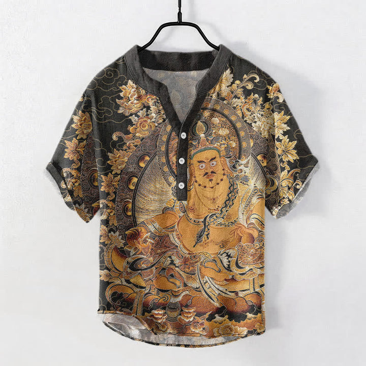 Buddha Stones Camisa de manga corta con medio botón para hombre, de algodón dorado con estampado floral de Buda. - Gris pizarra oscuro - US/UK/AU50, EU60 (5XL) - image 0