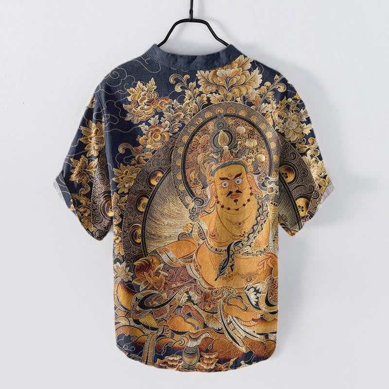 Buddha Stones Camisa de manga corta con medio botón para hombre, de algodón dorado con estampado floral de Buda. - image 6