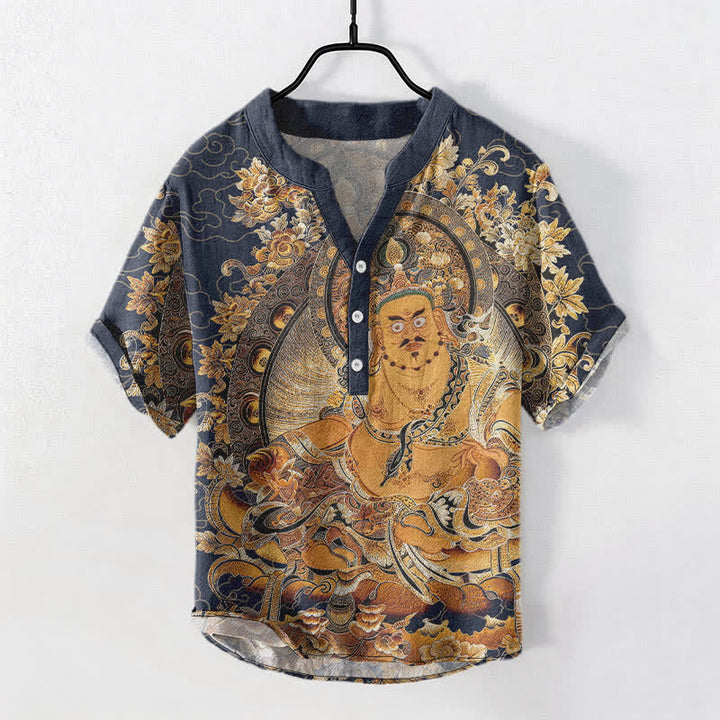 Buddha Stones Camisa de manga corta con medio botón para hombre, de algodón dorado con estampado floral de Buda. - Azul medianoche - US/UK/AU50, EU60 (5XL) - image 5