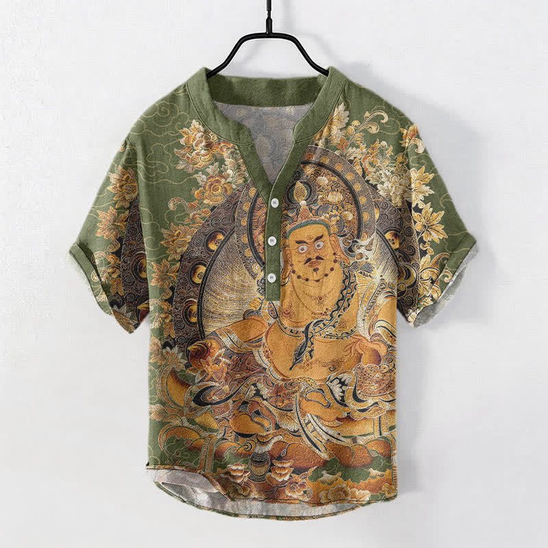 Buddha Stones Camisa de manga corta con medio botón para hombre, de algodón dorado con estampado floral de Buda. - Verde mar oscuro - US/UK/AU50, EU60 (5XL) - image 7