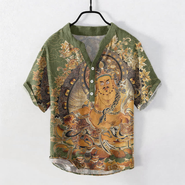 Buddha Stones Camisa de manga corta con medio botón para hombre, de algodón dorado con estampado floral de Buda. - Verde mar oscuro - US/UK/AU50, EU60 (5XL) - image 7