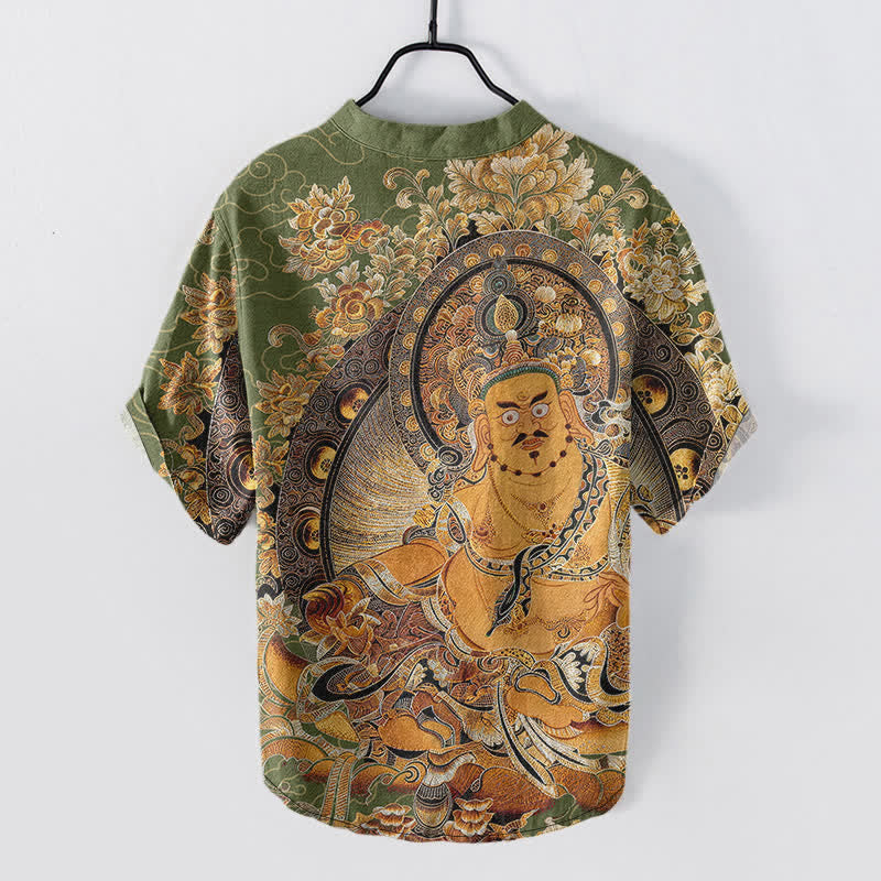 Buddha Stones Camisa de manga corta con medio botón para hombre, de algodón dorado con estampado floral de Buda. - image 8