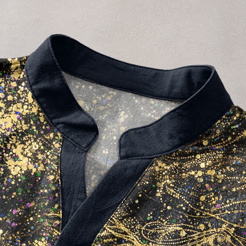 Buddha Stones Camisa Henley de manga corta para hombre con estampado de salpicaduras de algodón inspirado en la galaxia. - image 2