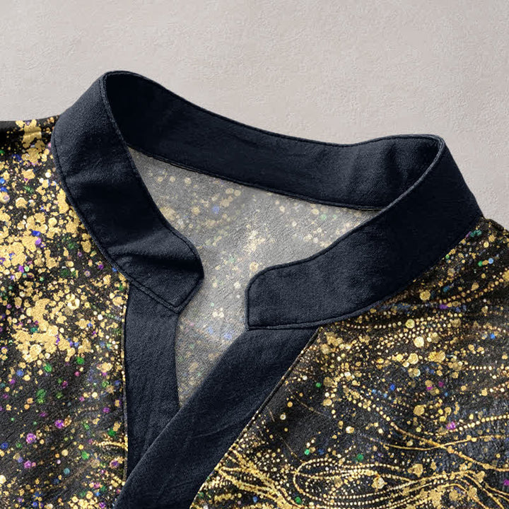 Buddha Stones Camisa Henley de manga corta para hombre con estampado de salpicaduras de algodón inspirado en la galaxia. - image 2