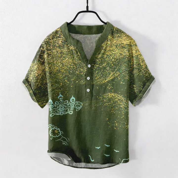 Buddha Stones Camisa Henley de manga corta para hombre con estampado de salpicaduras de algodón inspirado en la galaxia. - Verde oliva - US/UK/AU50, EU60 (5XL) - image 5