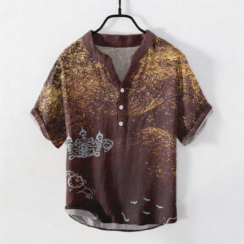 Buddha Stones Camisa Henley de manga corta para hombre con estampado de salpicaduras de algodón inspirado en la galaxia. - Marrón silla de montar - US/UK/AU50, EU60 (5XL) - image 7