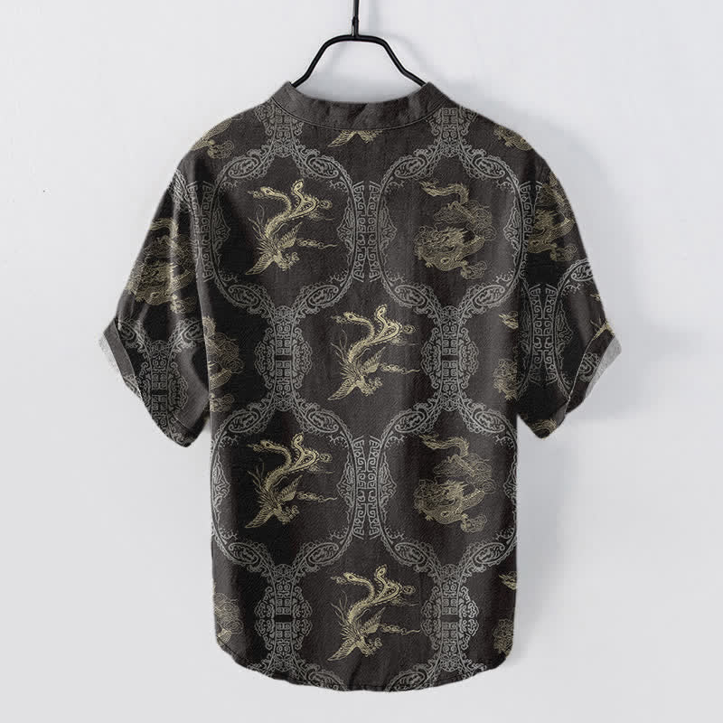 Buddha Stones Camisa de manga corta con medio botón para hombre, de algodón, con emblema de dragón y fénix. - image 1