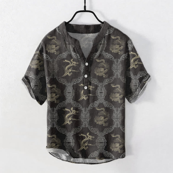 Buddha Stones Camisa de manga corta con medio botón para hombre, de algodón, con emblema de dragón y fénix. - Gris oscuro - US/UK/AU50, EU60 (5XL) - image 0