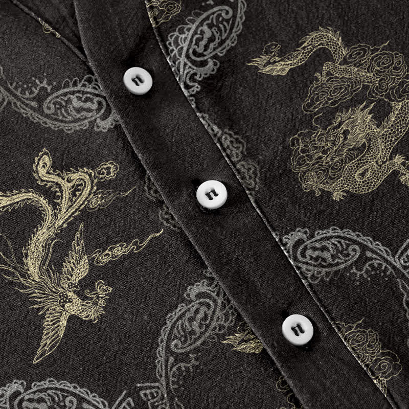Buddha Stones Camisa de manga corta con medio botón para hombre, de algodón, con emblema de dragón y fénix. - image 2