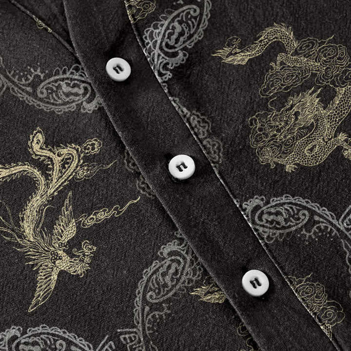 Buddha Stones Camisa de manga corta con medio botón para hombre, de algodón, con emblema de dragón y fénix. - image 2
