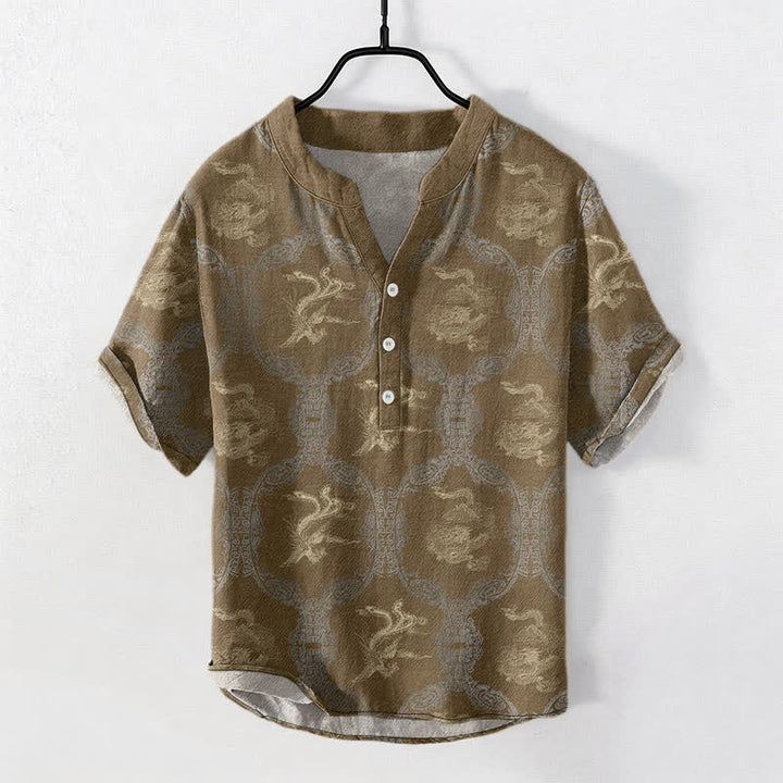 Buddha Stones Camisa de manga corta con medio botón para hombre, de algodón, con emblema de dragón y fénix. - Vara de oro oscura - US/UK/AU50, EU60 (5XL) - image 4