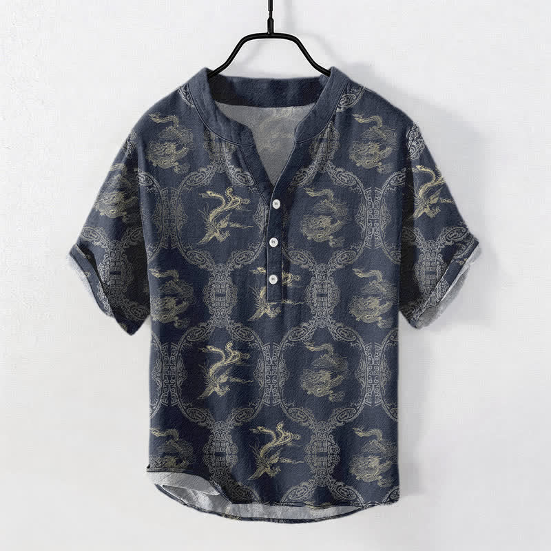 Buddha Stones Camisa de manga corta con medio botón para hombre, de algodón, con emblema de dragón y fénix. - Azul medianoche - US/UK/AU50, EU60 (5XL) - image 6