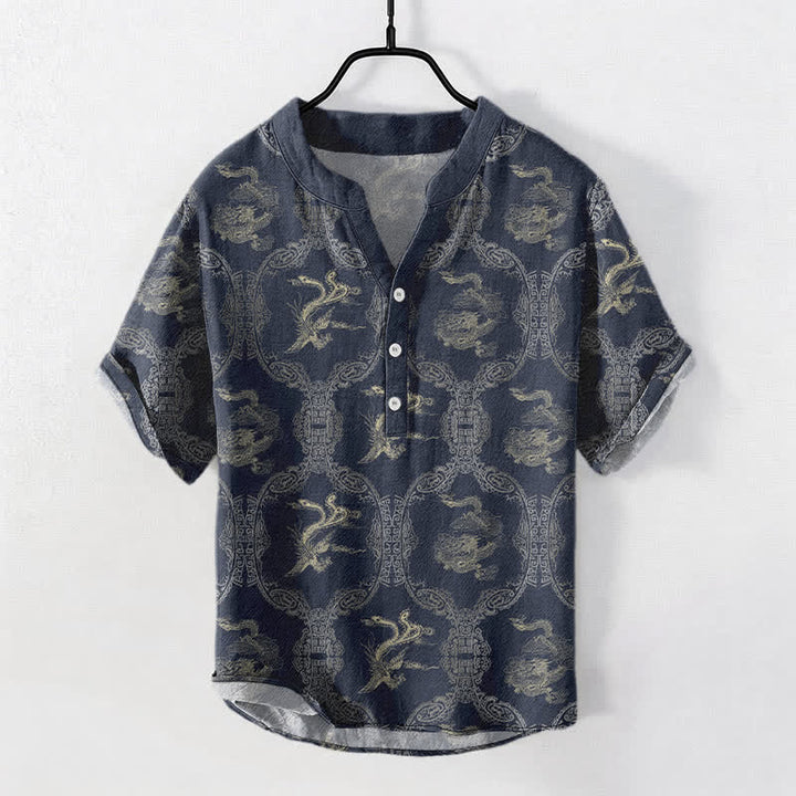 Buddha Stones Camisa de manga corta con medio botón para hombre, de algodón, con emblema de dragón y fénix. - Azul medianoche - US/UK/AU50, EU60 (5XL) - image 6