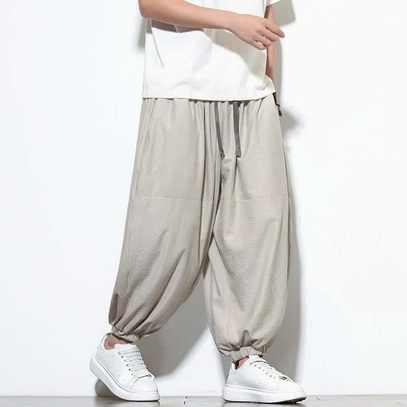 Buddha Stones Pantalones harem de algodón para hombre, de color liso, con cordón ajustable y bolsillos, ideales para la primavera. - image 15