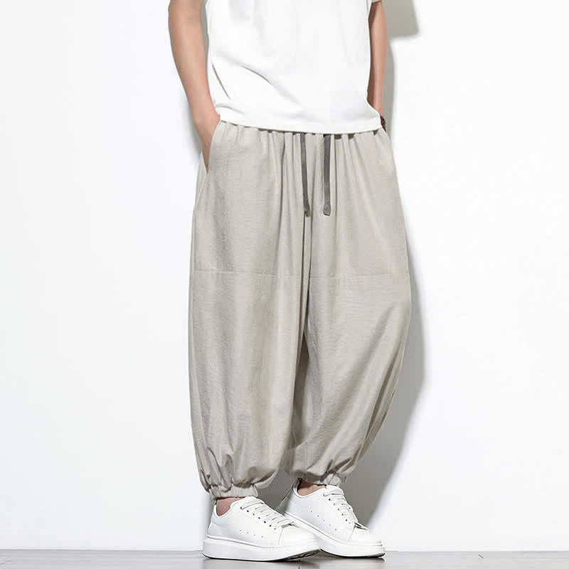 Buddha Stones Pantalones harem de algodón para hombre, de color liso, con cordón ajustable y bolsillos, ideales para la primavera. - image 13
