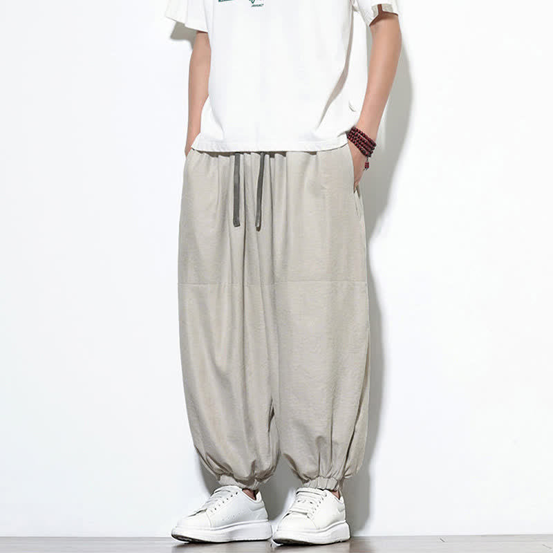 Buddha Stones Pantalones harem de algodón para hombre, de color liso, con cordón ajustable y bolsillos, ideales para la primavera. - image 10