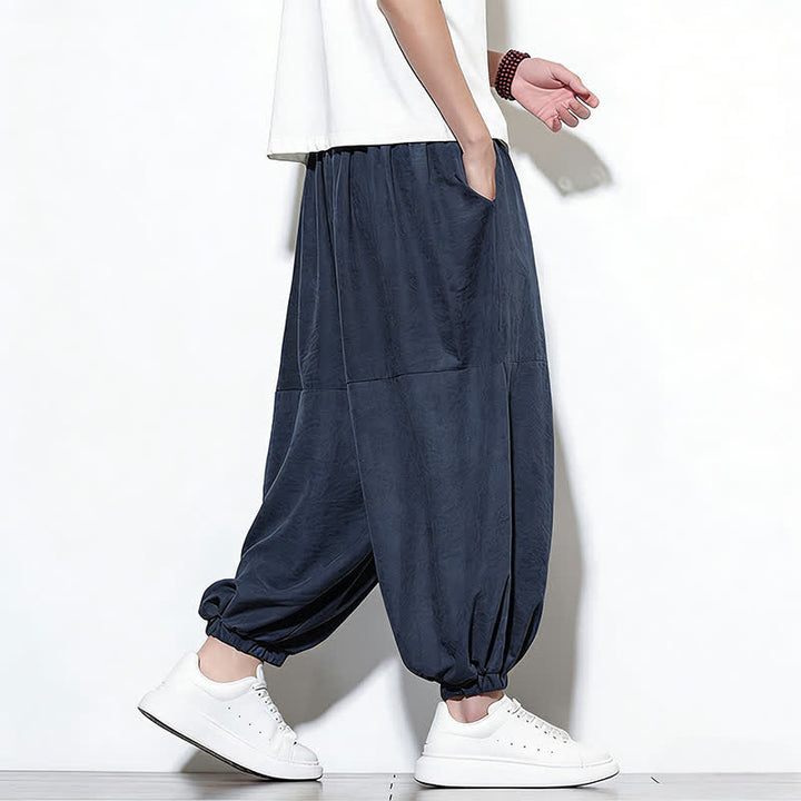 Buddha Stones Pantalones harem de algodón para hombre, de color liso, con cordón ajustable y bolsillos, ideales para la primavera. - image 5