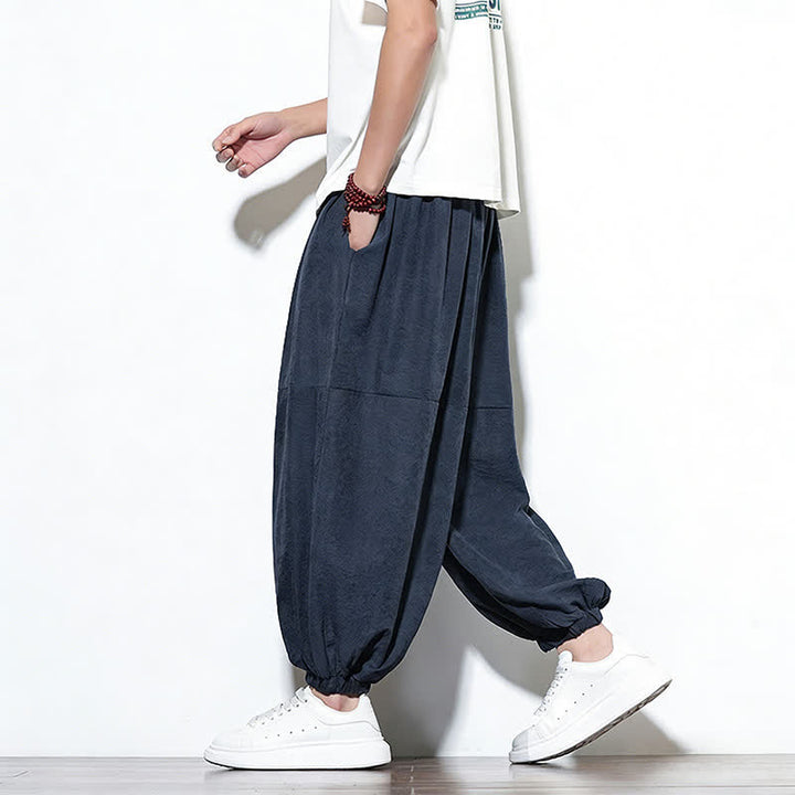 Buddha Stones Pantalones harem de algodón para hombre, de color liso, con cordón ajustable y bolsillos, ideales para la primavera. - image 4