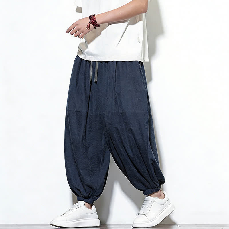 Buddha Stones Pantalones harem de algodón para hombre, de color liso, con cordón ajustable y bolsillos, ideales para la primavera. - image 2
