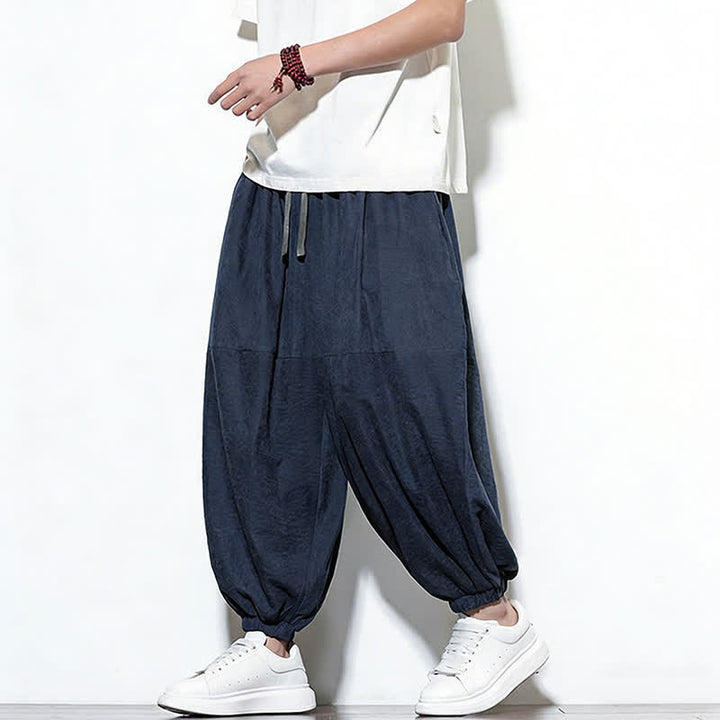 Buddha Stones Pantalones harem de algodón para hombre, de color liso, con cordón ajustable y bolsillos, ideales para la primavera. - image 2