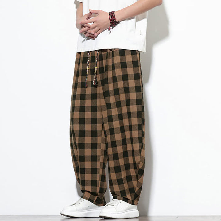 Buddha Stones Pantalones harem de verano para hombre con estampado de cuadros, cintura alta, cordón ajustable y bolsillos. - image 13