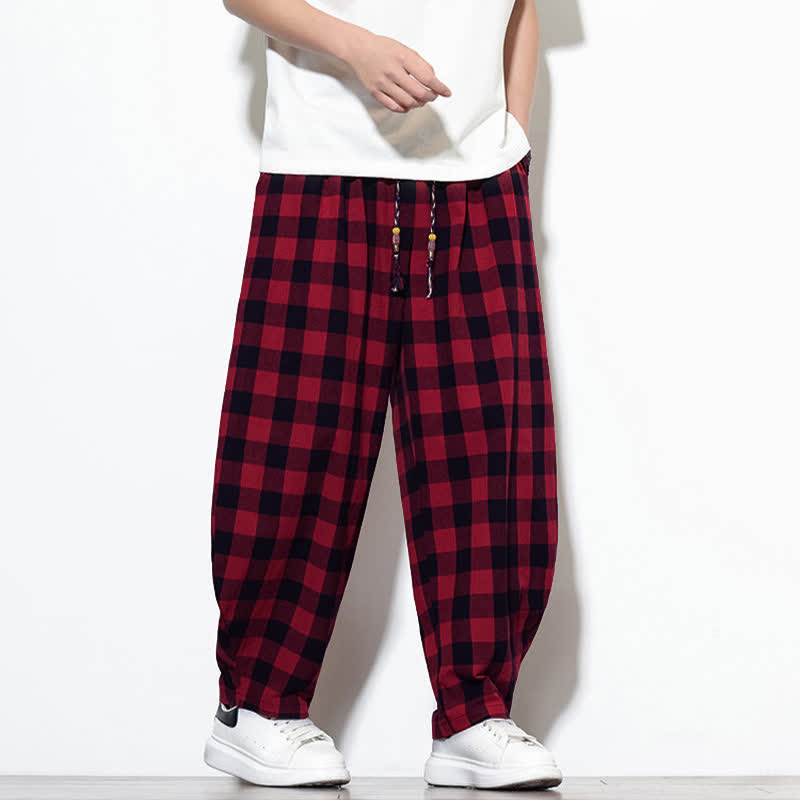 Buddha Stones Pantalones harem de verano para hombre con estampado de cuadros, cintura alta, cordón ajustable y bolsillos. - image 24