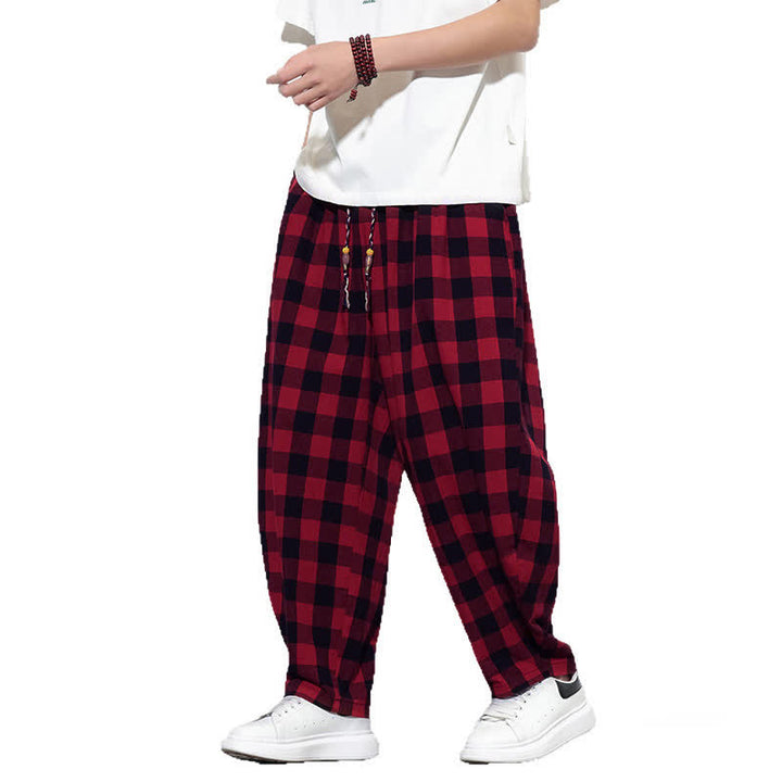 Buddha Stones Pantalones harem de verano para hombre con estampado de cuadros, cintura alta, cordón ajustable y bolsillos. - image 25