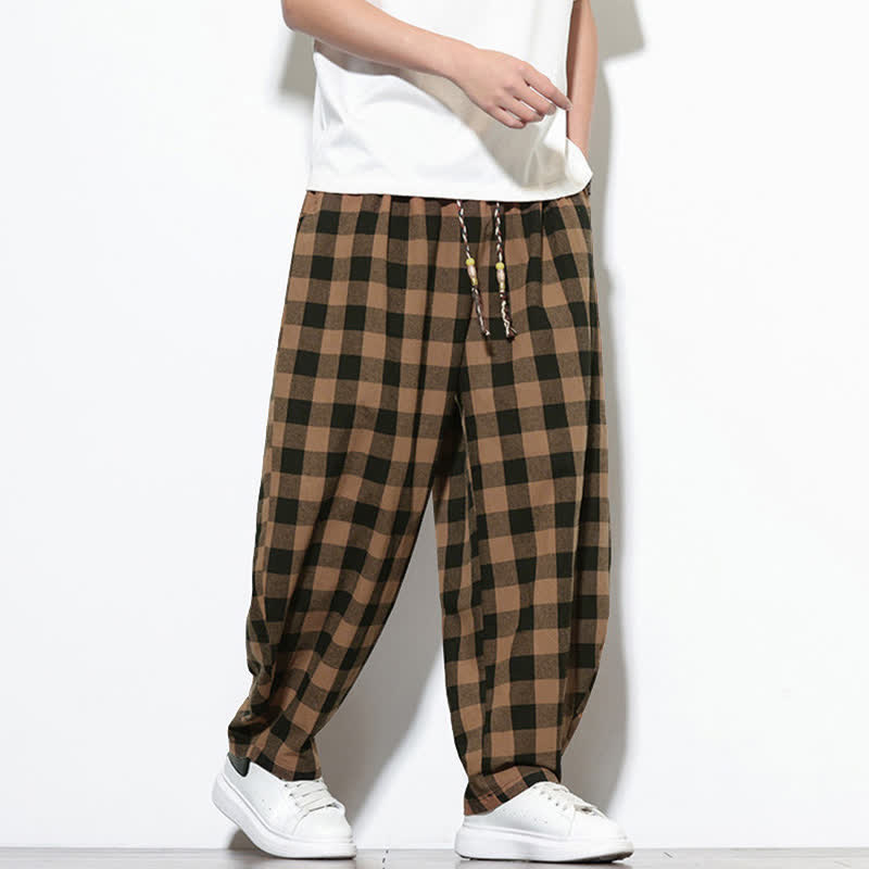 Buddha Stones Pantalones harem de verano para hombre con estampado de cuadros, cintura alta, cordón ajustable y bolsillos. - image 15