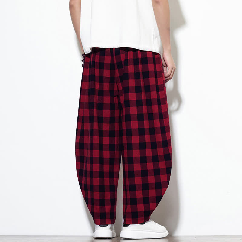 Buddha Stones Pantalones harem de verano para hombre con estampado de cuadros, cintura alta, cordón ajustable y bolsillos. - image 21