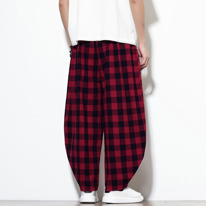 Buddha Stones Pantalones harem de verano para hombre con estampado de cuadros, cintura alta, cordón ajustable y bolsillos. - image 21
