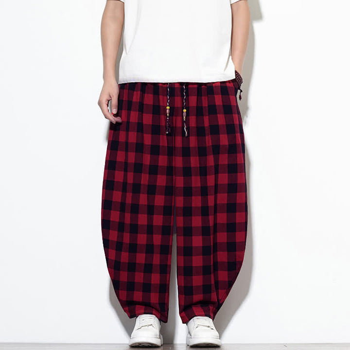 Buddha Stones Pantalones harem de verano para hombre con estampado de cuadros, cintura alta, cordón ajustable y bolsillos. - image 20