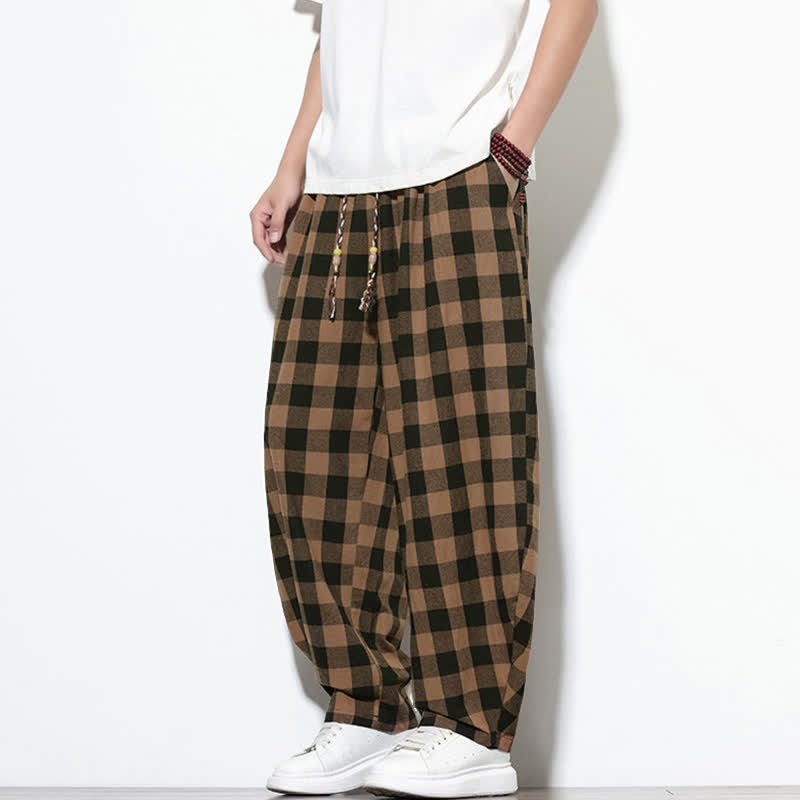 Buddha Stones Pantalones harem de verano para hombre con estampado de cuadros, cintura alta, cordón ajustable y bolsillos. - image 17