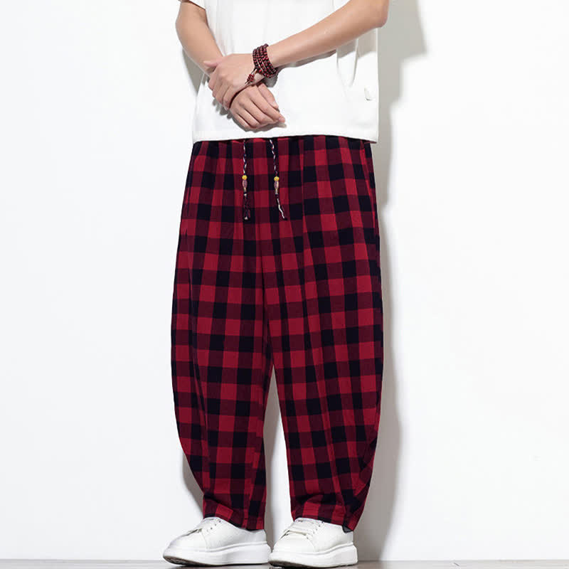 Buddha Stones Pantalones harem de verano para hombre con estampado de cuadros, cintura alta, cordón ajustable y bolsillos. - image 23