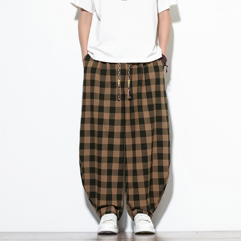 Buddha Stones Pantalones harem de verano para hombre con estampado de cuadros, cintura alta, cordón ajustable y bolsillos. - Perú - US/UK/AU46, EU56 (5XL) - image 11