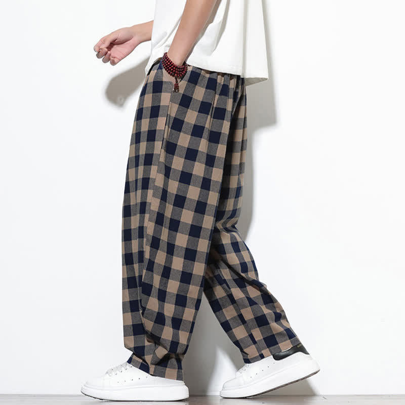 Buddha Stones Pantalones harem de verano para hombre con estampado de cuadros, cintura alta, cordón ajustable y bolsillos. - image 31