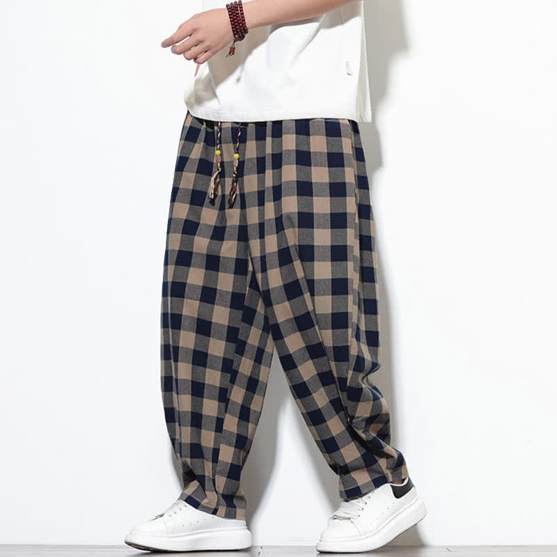 Buddha Stones Pantalones harem de verano para hombre con estampado de cuadros, cintura alta, cordón ajustable y bolsillos. - image 34