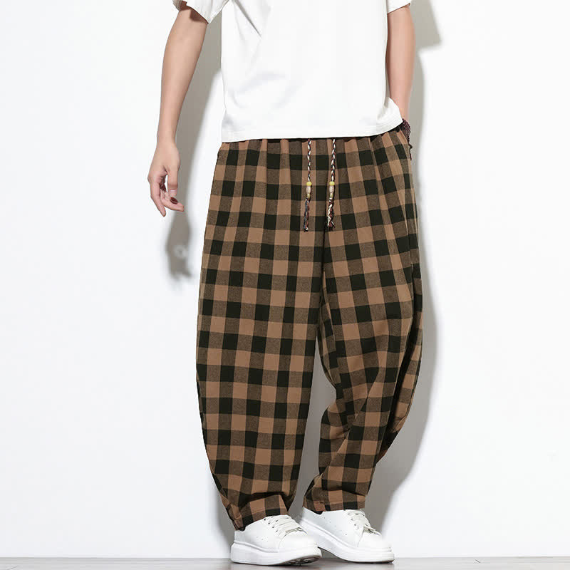 Buddha Stones Pantalones harem de verano para hombre con estampado de cuadros, cintura alta, cordón ajustable y bolsillos. - image 12