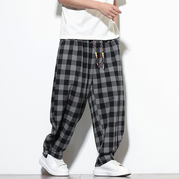 Buddha Stones Pantalones harem de verano para hombre con estampado de cuadros, cintura alta, cordón ajustable y bolsillos. - image 6