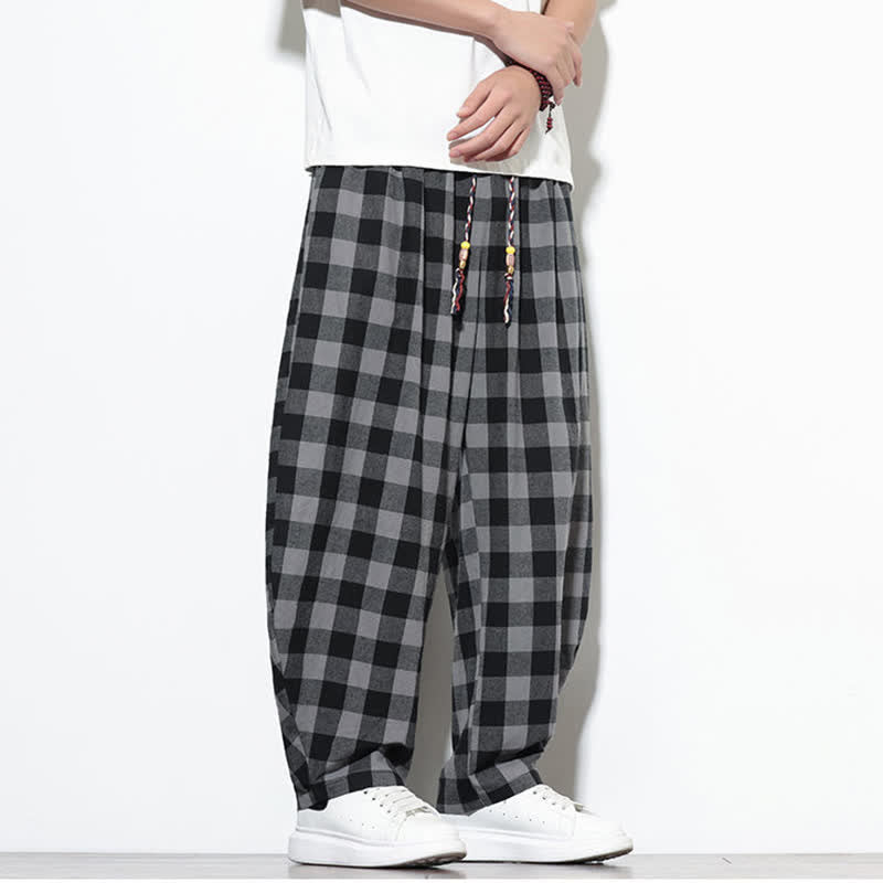 Buddha Stones Pantalones harem de verano para hombre con estampado de cuadros, cintura alta, cordón ajustable y bolsillos. - image 3