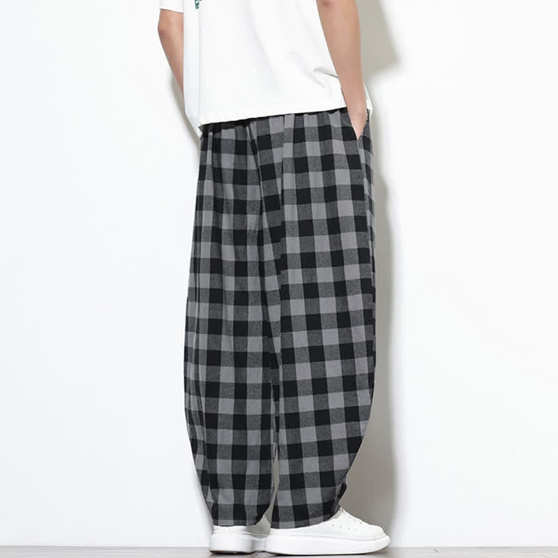 Buddha Stones Pantalones harem de verano para hombre con estampado de cuadros, cintura alta, cordón ajustable y bolsillos. - image 5