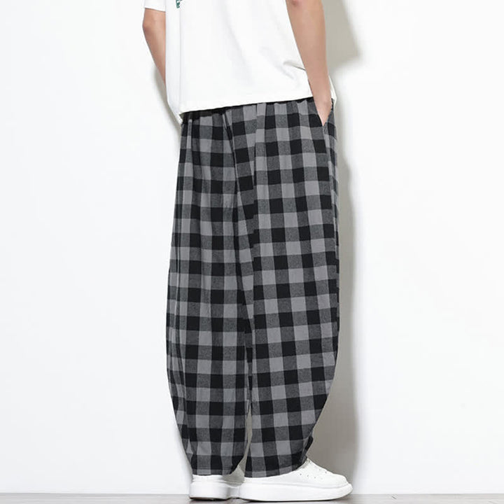 Buddha Stones Pantalones harem de verano para hombre con estampado de cuadros, cintura alta, cordón ajustable y bolsillos. - image 5