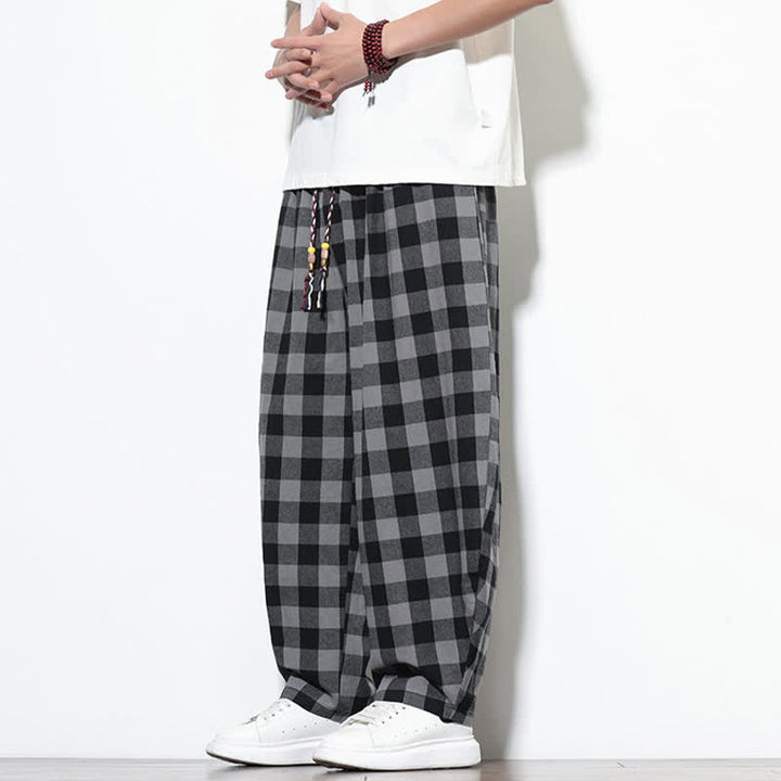 Buddha Stones Pantalones harem de verano para hombre con estampado de cuadros, cintura alta, cordón ajustable y bolsillos. - image 2