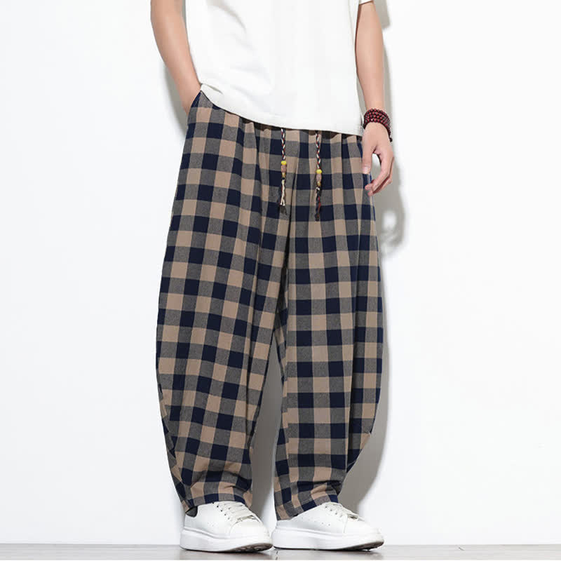 Buddha Stones Pantalones harem de verano para hombre con estampado de cuadros, cintura alta, cordón ajustable y bolsillos. - image 29