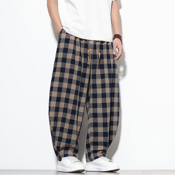 Buddha Stones Pantalones harem de verano para hombre con estampado de cuadros, cintura alta, cordón ajustable y bolsillos. - image 29