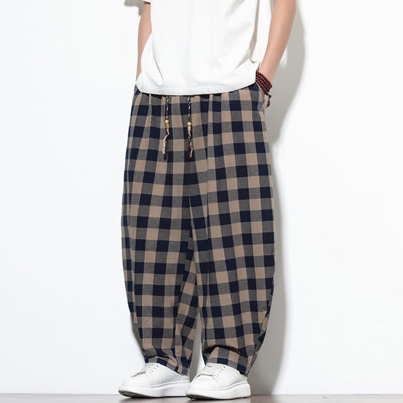 Buddha Stones Pantalones harem de verano para hombre con estampado de cuadros, cintura alta, cordón ajustable y bolsillos. - Trigo - US/UK/AU46, EU56 (5XL) - image 26
