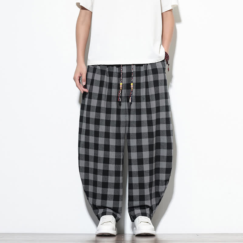Buddha Stones Pantalones harem de verano para hombre con estampado de cuadros, cintura alta, cordón ajustable y bolsillos. - image 1