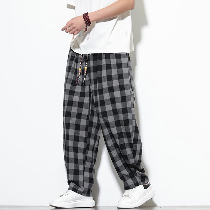 Buddha Stones Pantalones harem de verano para hombre con estampado de cuadros, cintura alta, cordón ajustable y bolsillos. - image 4