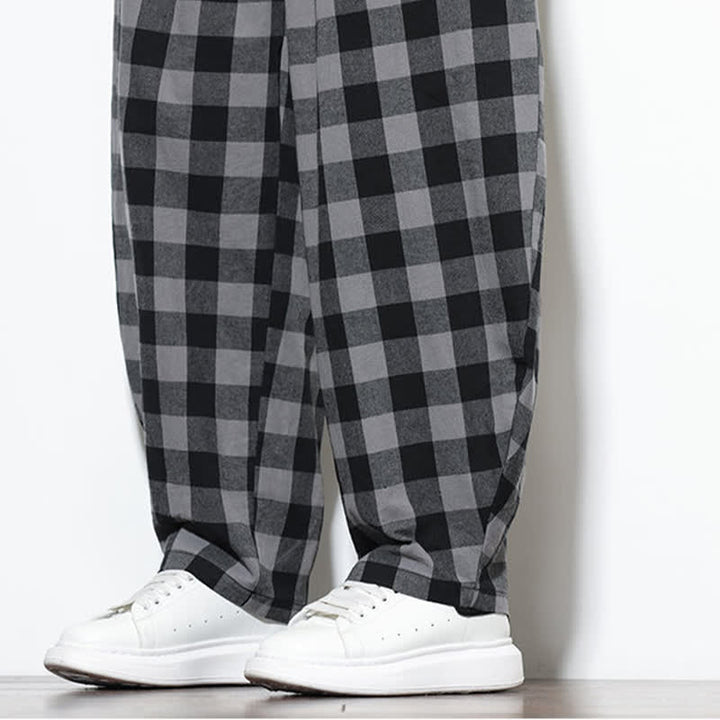 Buddha Stones Pantalones harem de verano para hombre con estampado de cuadros, cintura alta, cordón ajustable y bolsillos. - image 10