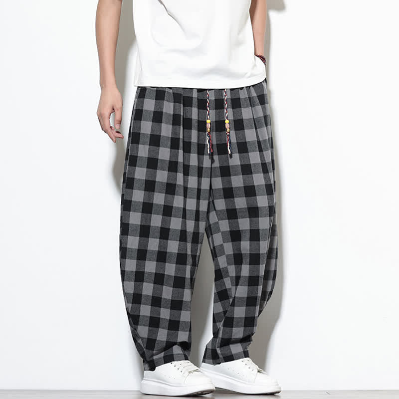 Buddha Stones Pantalones harem de verano para hombre con estampado de cuadros, cintura alta, cordón ajustable y bolsillos. - image 7